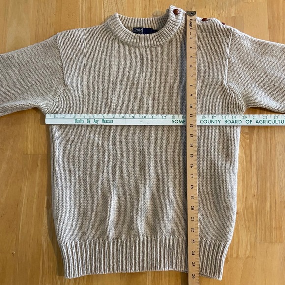 Polo Ralph Lauren Pullover M 100% Wool Rib Knit Sweater Leather Elbow Oatmeal - Picture 6 of 10